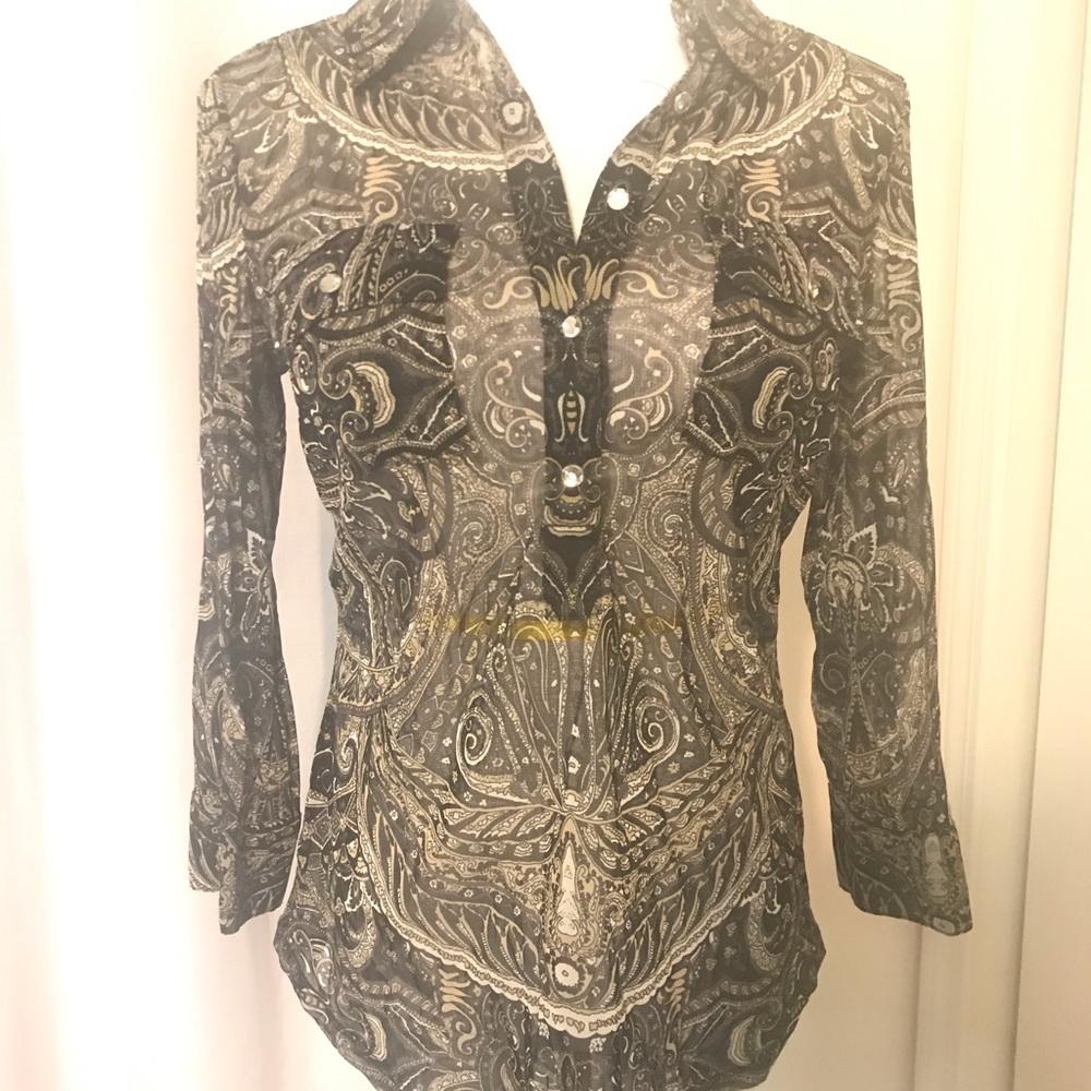 INC Black Paisley half button sheer blouse
